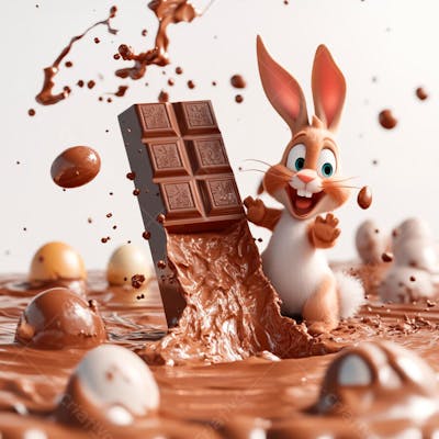 Imagem coelho 3d em uma poça de chocolate  