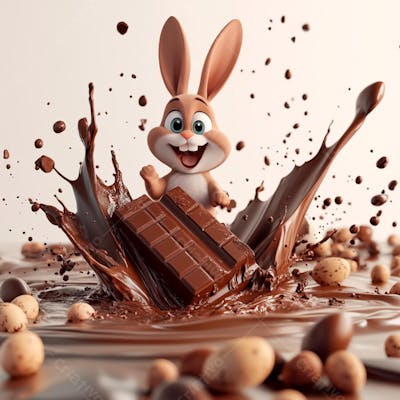 Imagem coelho 3d em uma poça de chocolate  