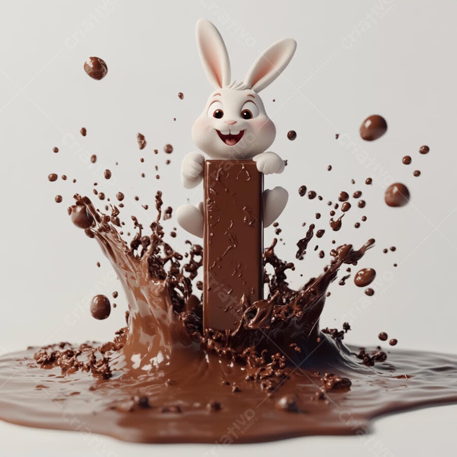 Coelhinho em barra de chocolate com respingos