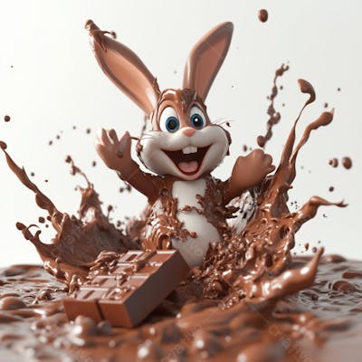 Imagem coelho 3d em uma poça de chocolate  