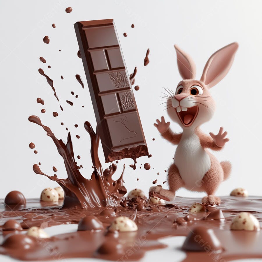 Coelho animado e barra de chocolate derretido