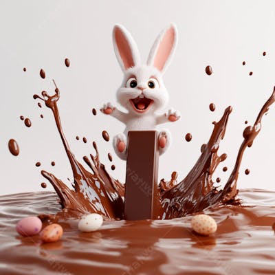 Imagem coelho 3d em uma poça de chocolate  