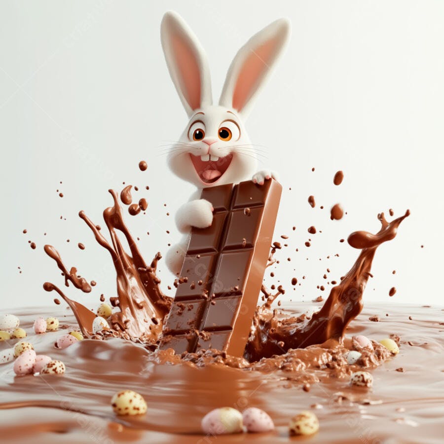 Coelho feliz mergulhando em chocolate Páscoa
