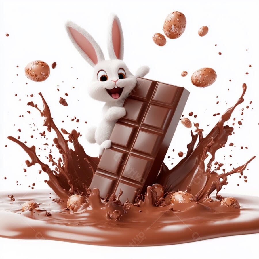 Coelho e chocolate em splash de Páscoa