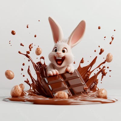 Imagem coelho 3d em uma poça de chocolate  