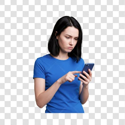 Mulher chateada ao usar o smartphone