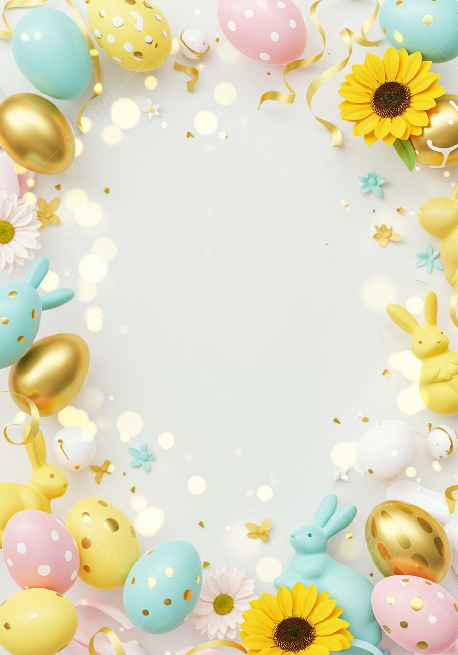 Ovos de Páscoa coloridos com coelhos e girassóis