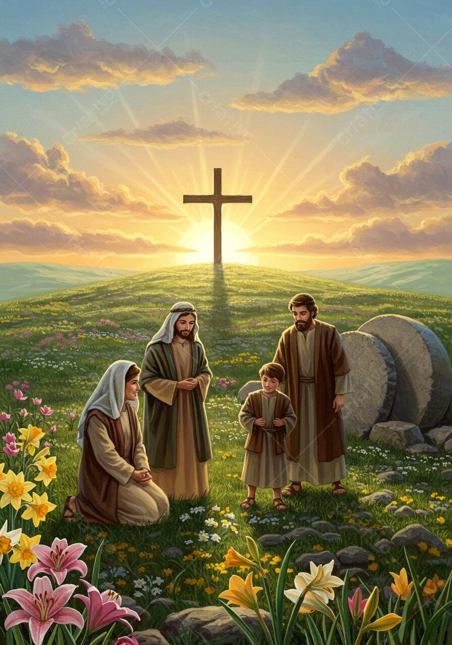 Jesus com Família em Campo Florido ao Amanhecer