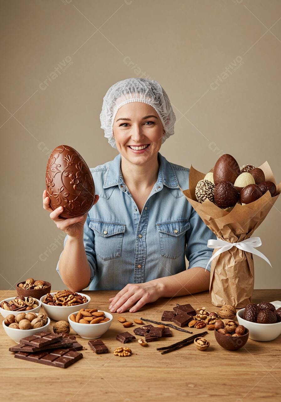 Chocólatra mostrando ovos e bombons de chocolate