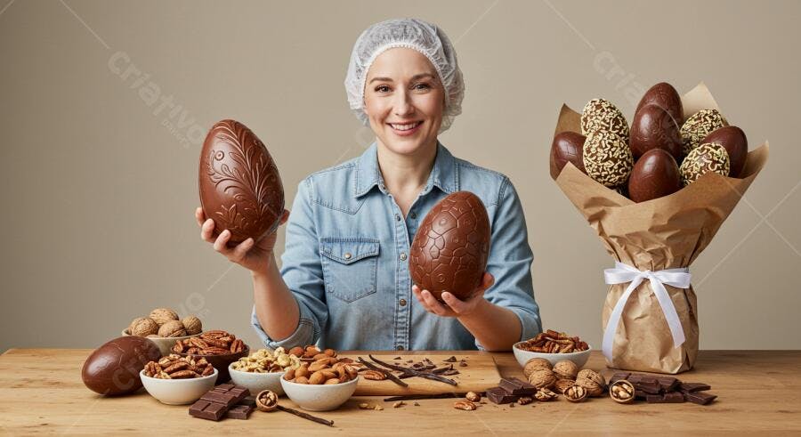 Mulher sorridente com ovos de chocolate para Páscoa