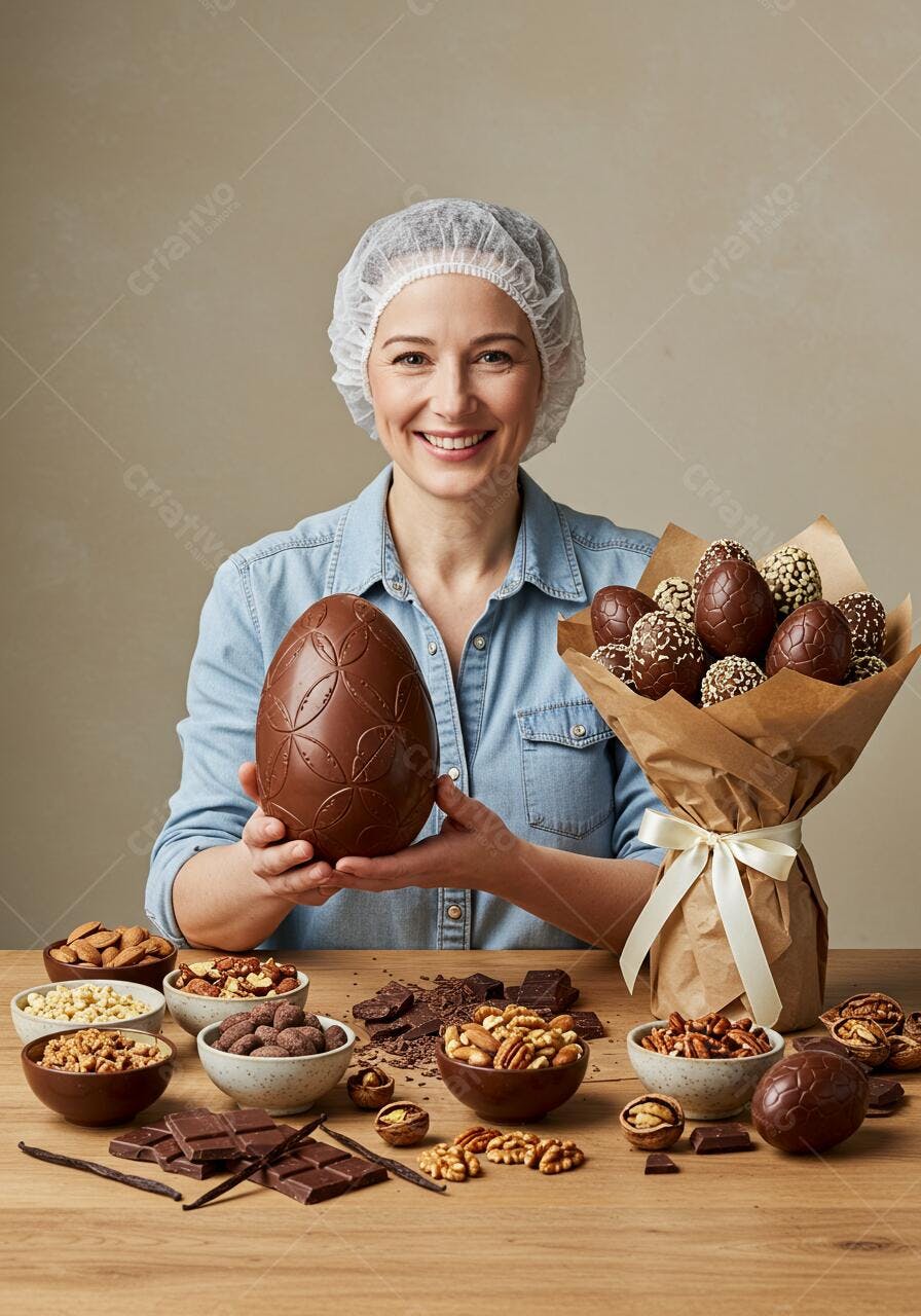 Chocolatier mostrando ovos e bouquet de Páscoa