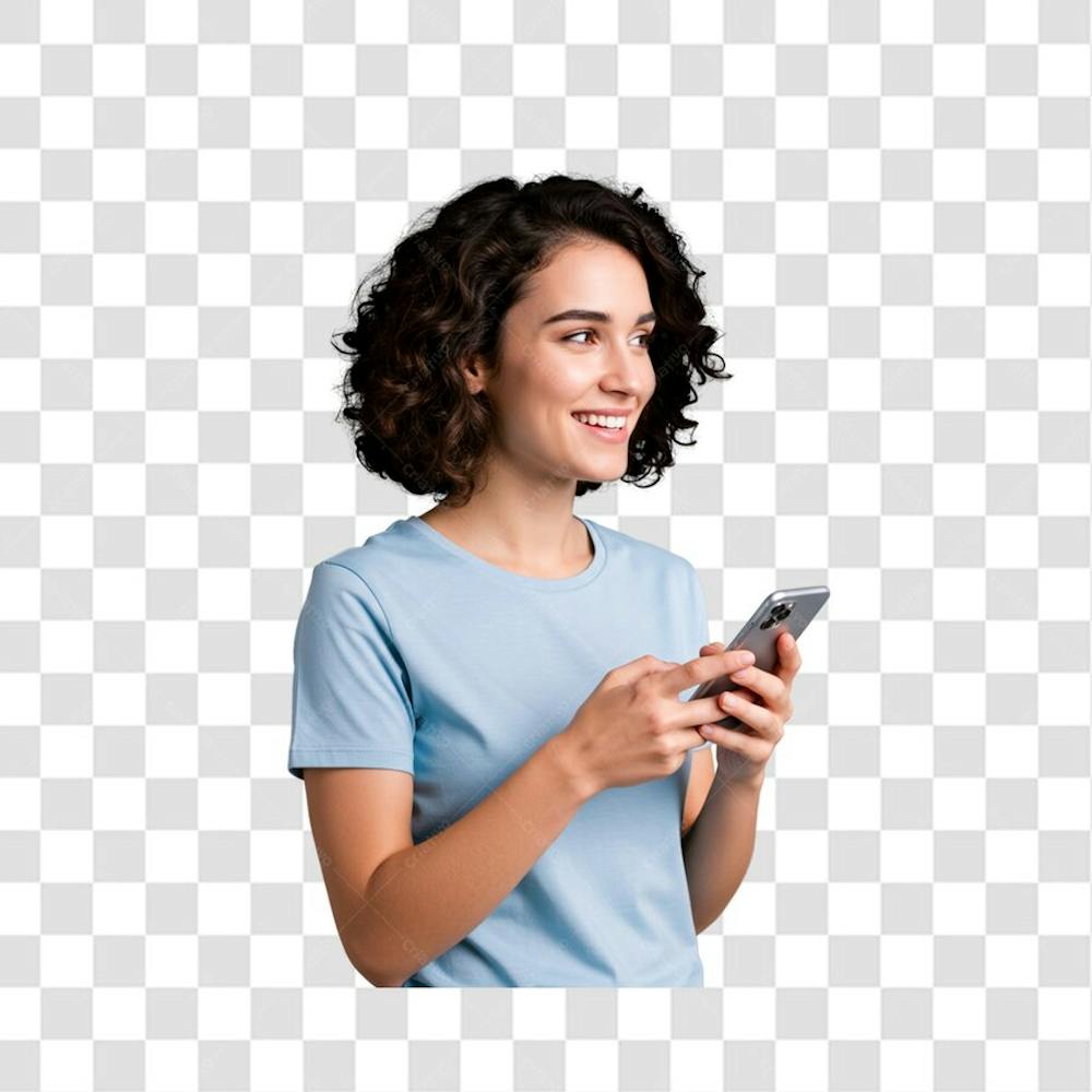 PNG mulher usando celular olhando para o lado feliz