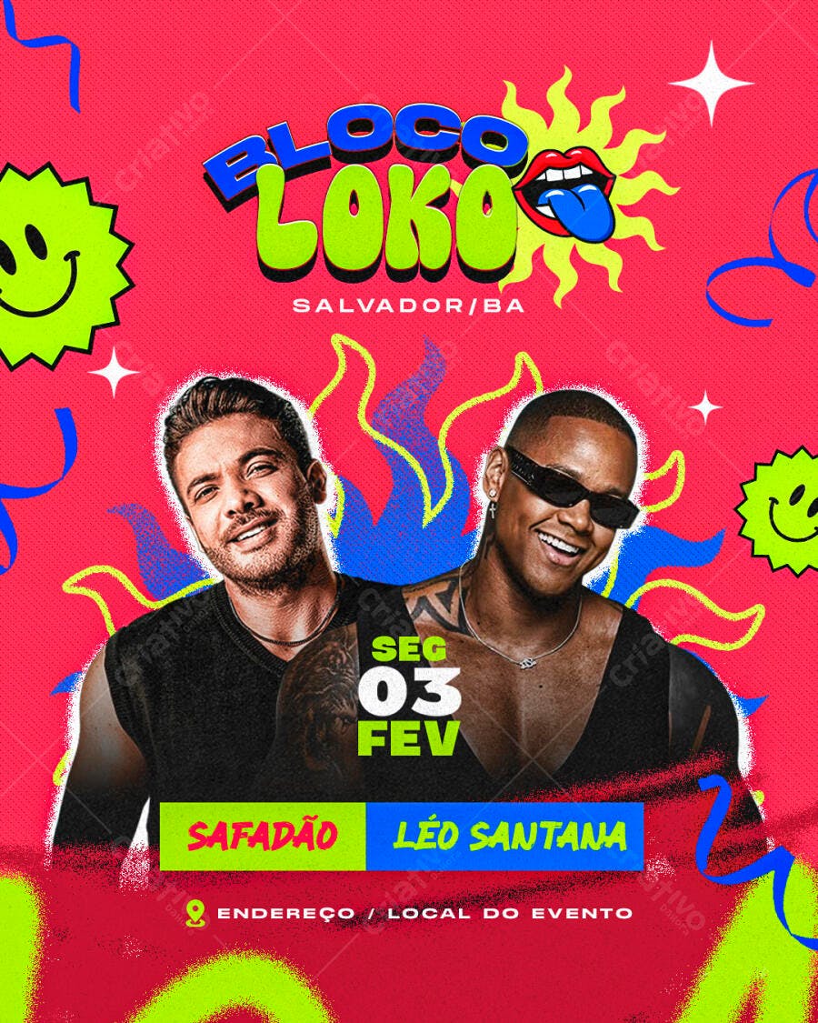 Flyer Bloco Loko com Safadão e Léo Santana 03 de Fevereiro PSD Editável