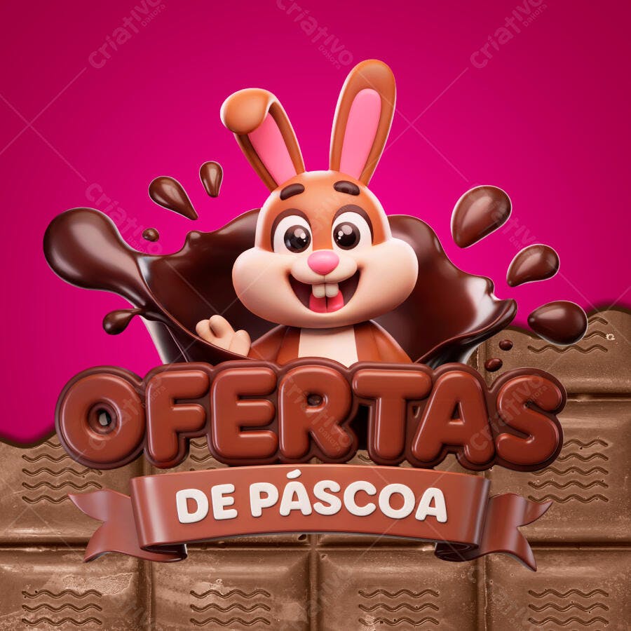 Flyer Páscoa com Coelho 3D PSD Editável