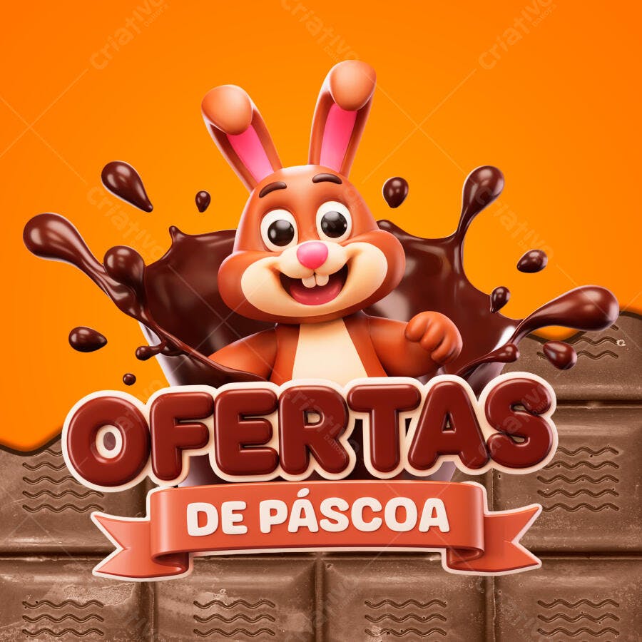 Flyer Páscoa com Coelho 3D PSD Editável