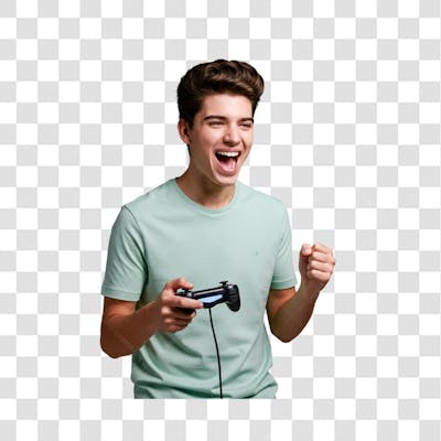 PNG rapaz com alegria depois de ser vitorioso com joystick
