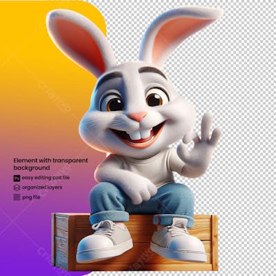 Coelho branco fofo sentado em uma caixa de madeira ilustração de renderização 3D