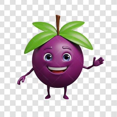 PNG Mascote de açaí 3D cartoon roxo feliz  com folhas verdes e caule marrom grande sorriso