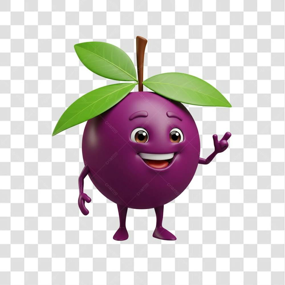 PNG Mascote de açaí 3D cartoon roxo feliz grande sorriso apontando