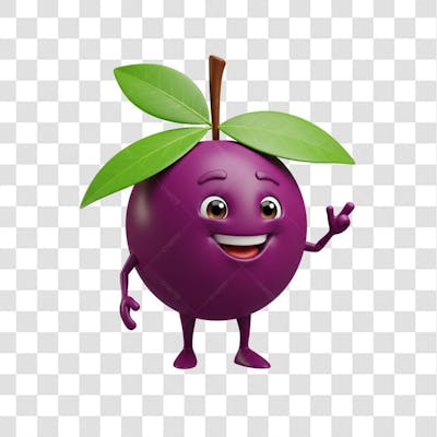 PNG Mascote de açaí 3D cartoon roxo feliz grande sorriso apontando
