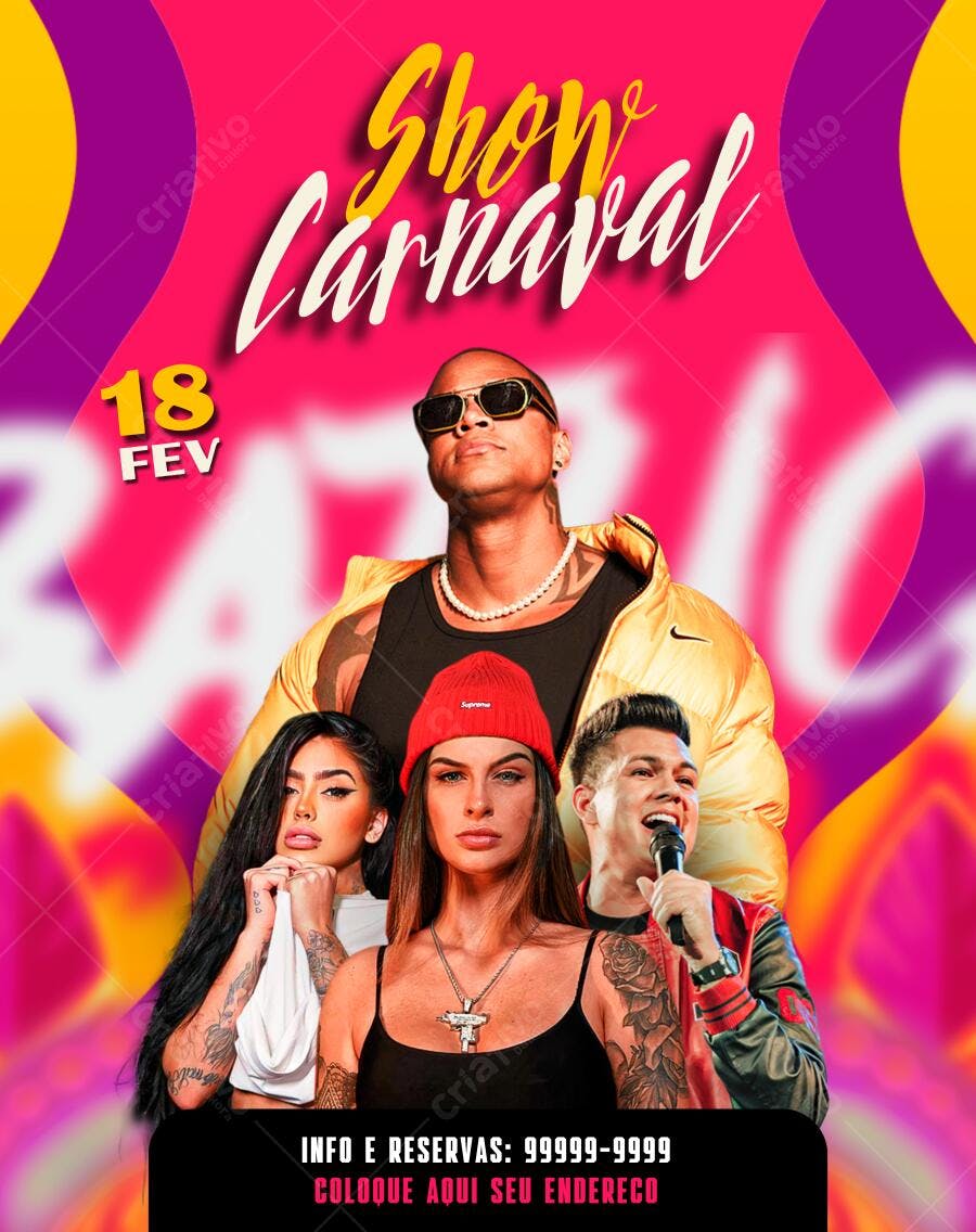 Flyer Show Carnaval Rosa e Amarelo Editável no Canva