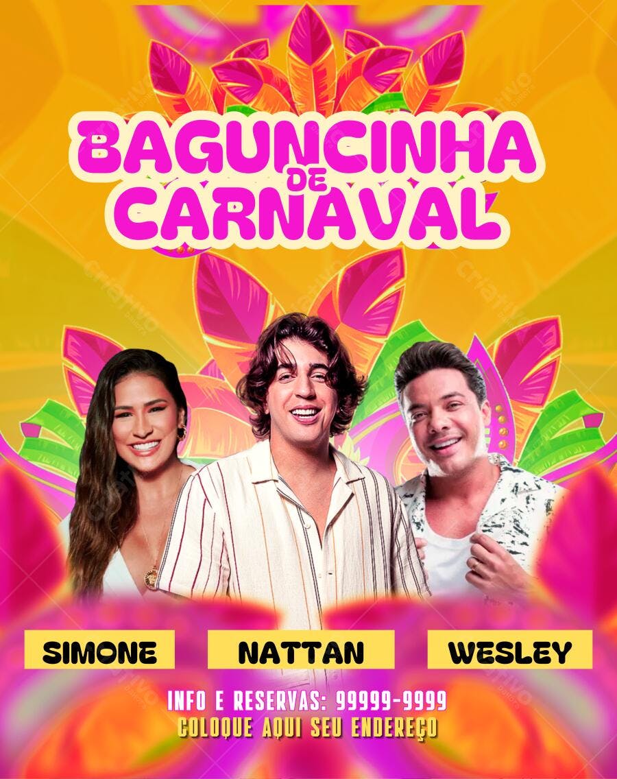Flyer de Carnaval com Simone, Nattan e Wesley Editável no Canva