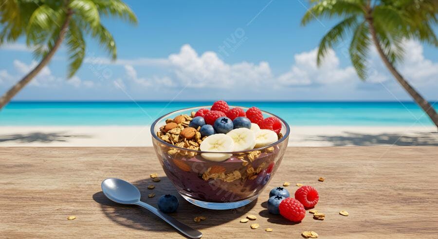 Açaí Bowl com frutas na praia