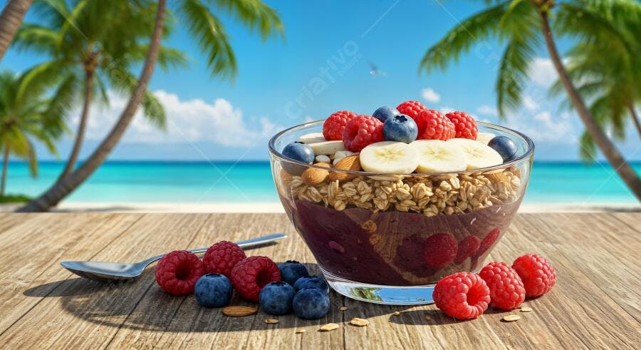 Açaí bowl com frutas tropicais na praia