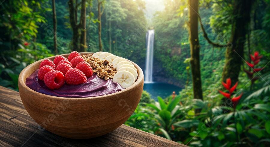 Açaí Bowl com framboesas e granola em cenário tropical