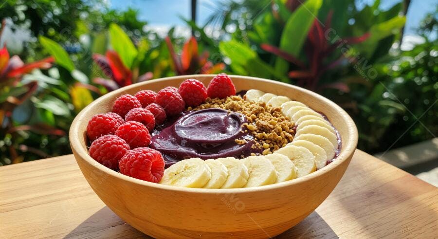 Açaí Bowl com framboesas e banana em tigela de madeira