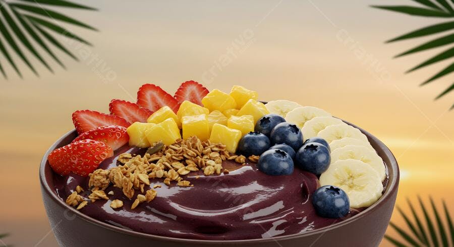 Açaí Bowl com frutas tropicais ao entardecer