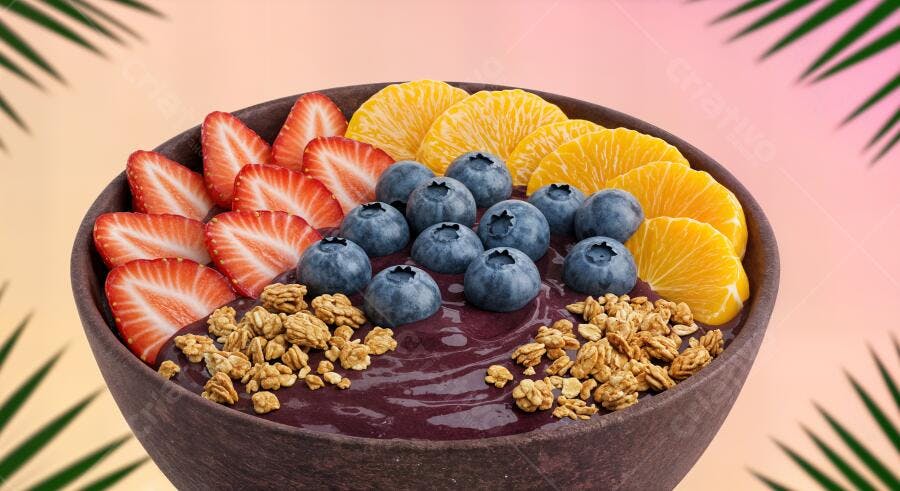 Açaí Bowl com Morangos, Mirtilos e Laranja