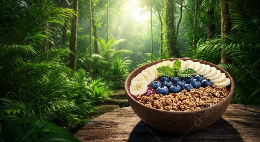 Açaí Bowl com Banana e Mirtilos na Selva