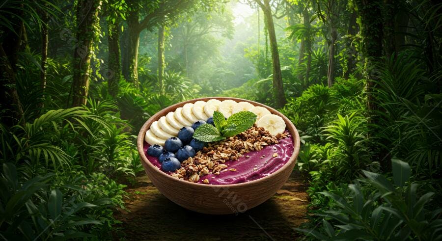 Açaí Bowl com Banana e Mirtilos em Floresta