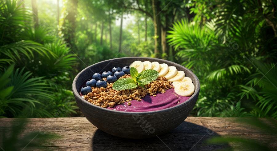 Açaí Bowl com frutas e granola na floresta