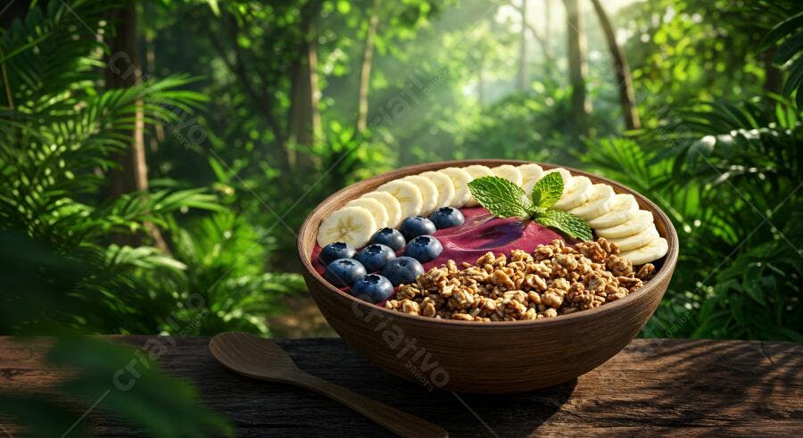 Açaí Bowl com banana e mirtilo em floresta tropical