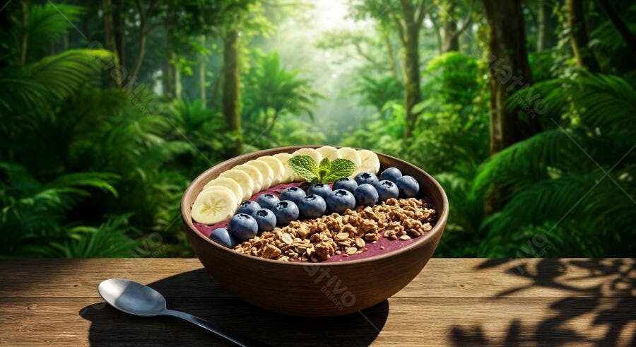 Açaí Bowl com Banana e Mirtilos em Floresta