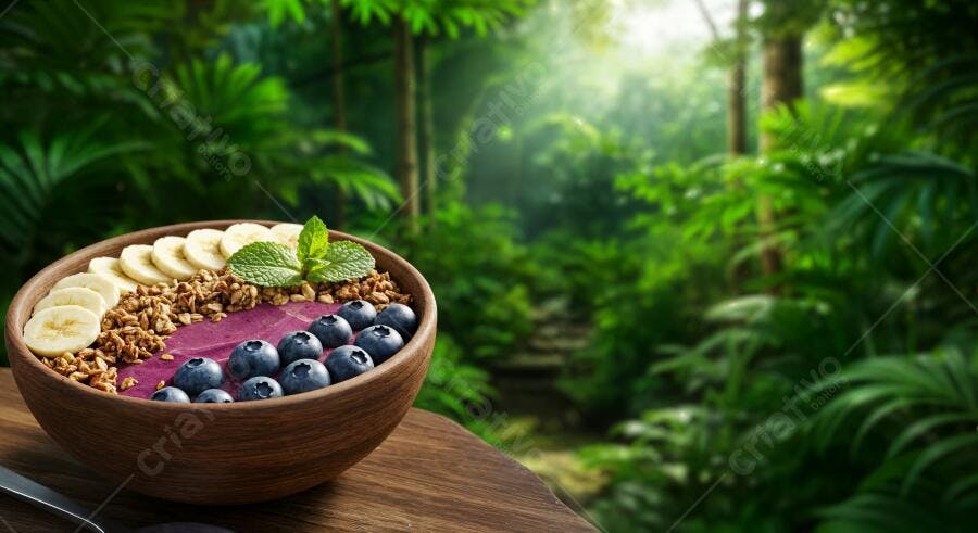 Açaí Bowl com Banana e Mirtilos em floresta