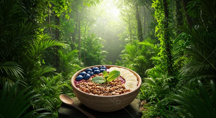 Açaí Bowl com frutas em floresta tropical