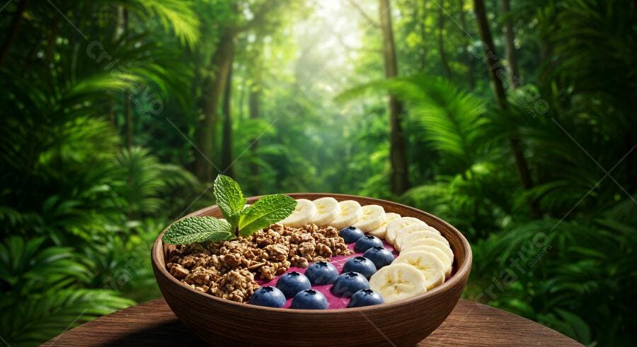 Smoothie de frutas vermelhas com granola em floresta tropical