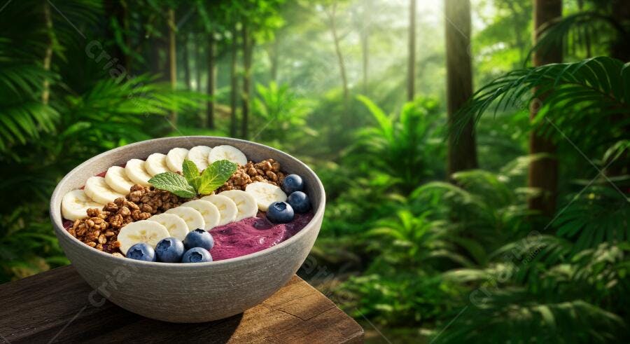 Açaí Bowl com banana granola e mirtilos em floresta