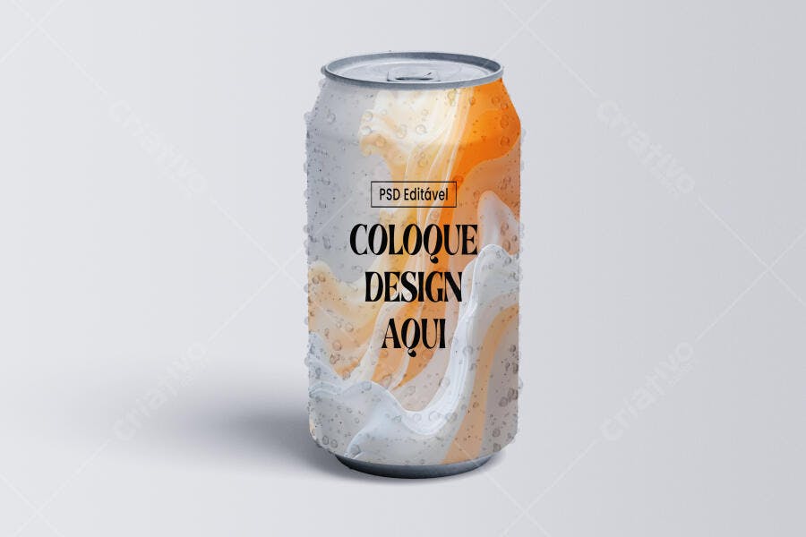 Mockup de Lata de Bebida com Design Fluido em Laranja e Branco