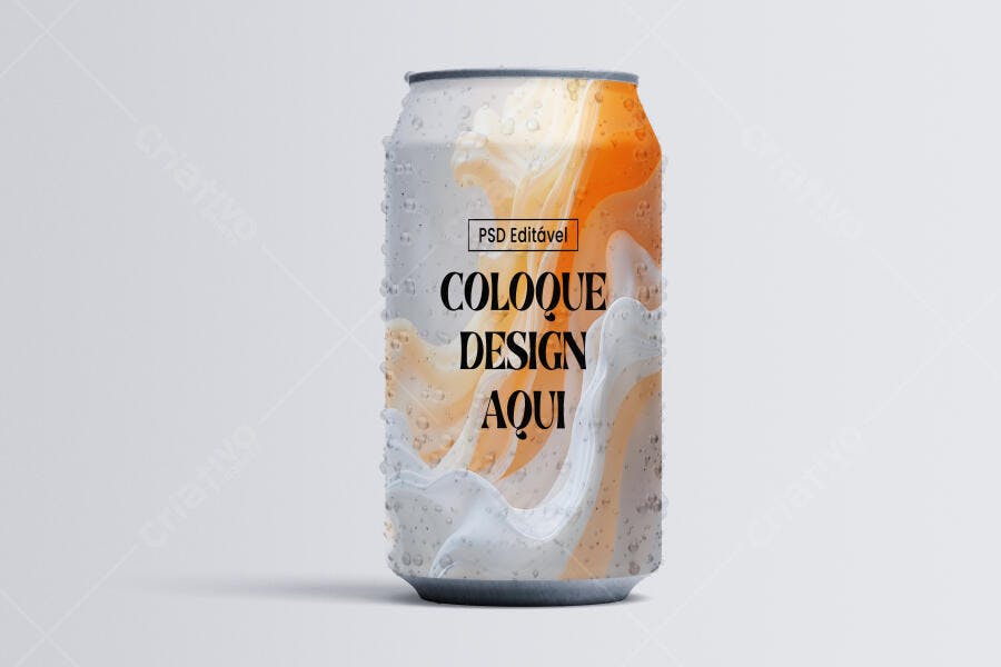 Mockup de Lata de Bebida com Design Abstrato em Laranja e Branco