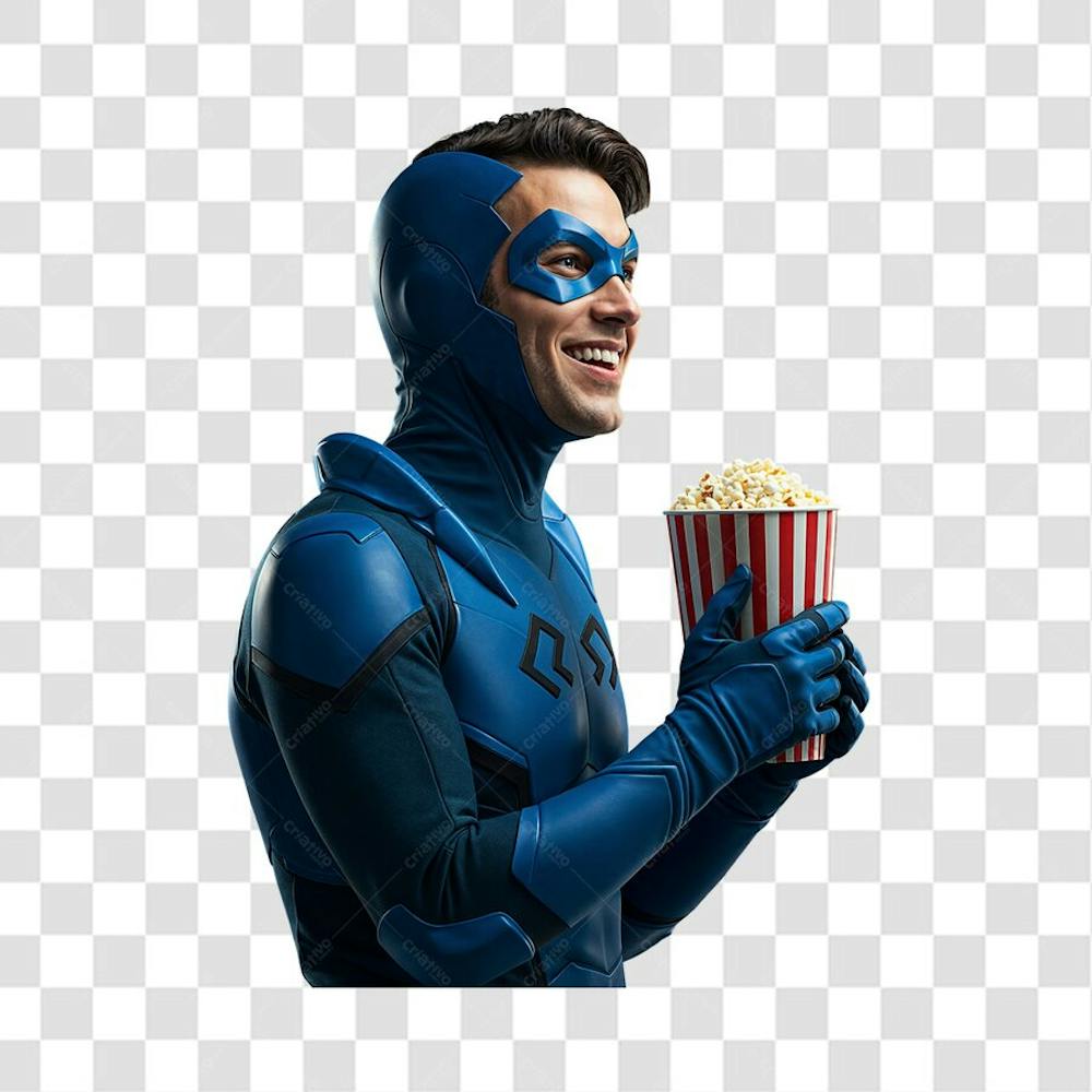 PNG Personagem Besouro Azul segurando um copo de pipoca