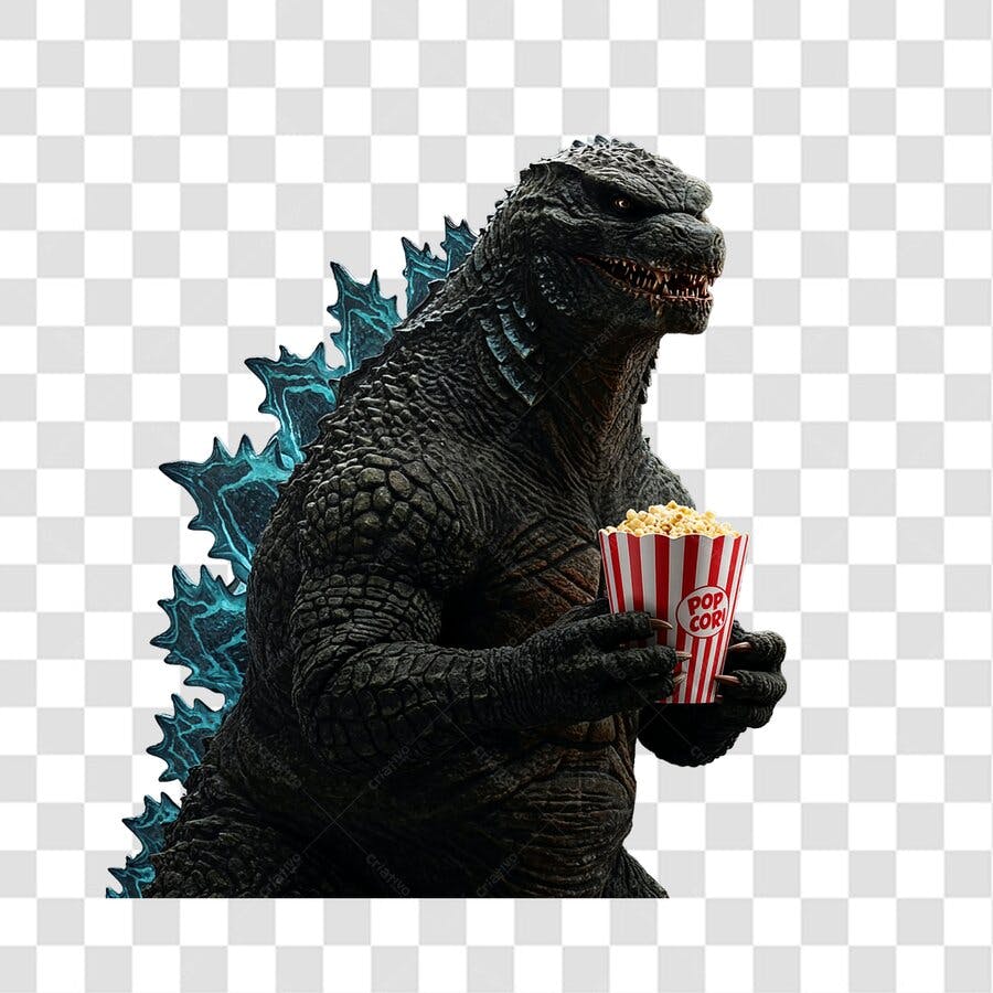 Banner Godzilla comendo pipoca PNG com fundo transparente