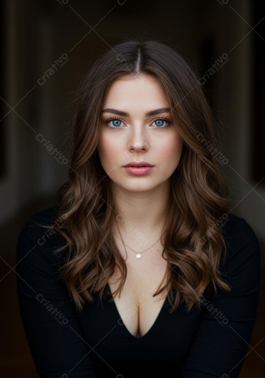 Retrato mulher olhos azuis cabelo castanho