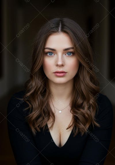 Exuberante mulher morena de olhos azuis e cabelos ondulados castanhos