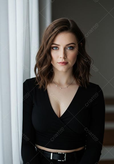 Exuberante mulher morena de olhos azuis e cabelos ondulados castanhos posando para foto