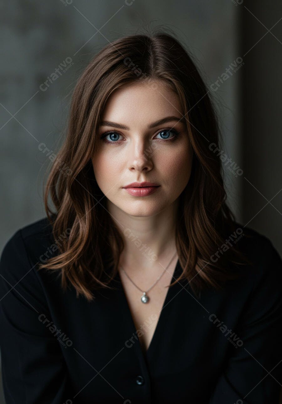 Retrato mulher olhos azuis cabelo castanho