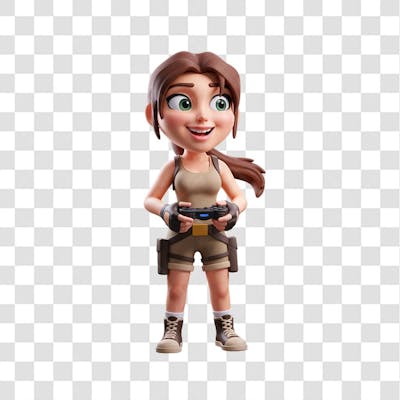 PNG Personagem Lara Croft  3D extrovertida jogando e segurando um joystick olhado pro lado